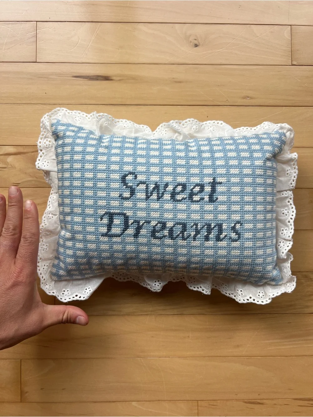 NWT Magaschoni Blue and White Gingham 'Sweet Dreams' Lace-Trim Pillow